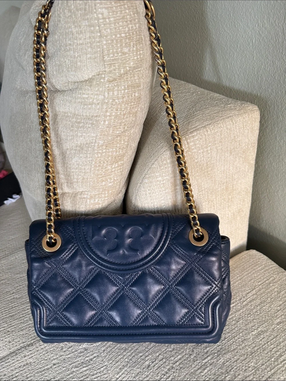 Tory Burch fleming soft convertible shoulder Bag Leather Quilted Chain Dark Blue